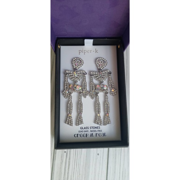 Piper K Halloween Glass Stone Skeleton Earrings 3" Long - Picture 3 of 5